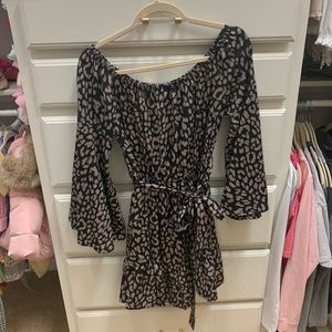 Vici off the shoulder tie waist leopard dress